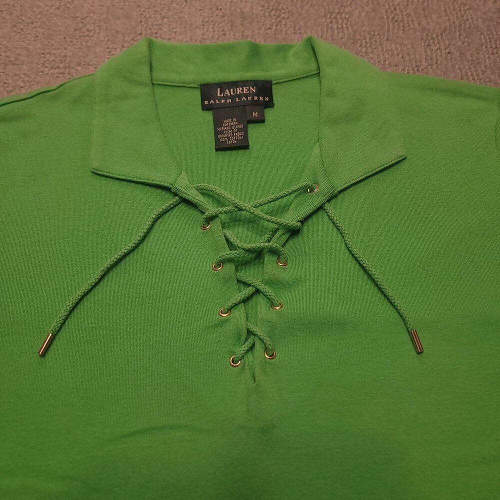 Lauren Ralph Lauren Womens M  Polo Shirt Green Lace Up Nautical Preppy - Picture 3 of 8